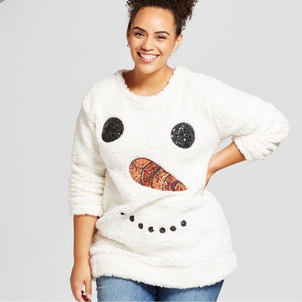 Merry Wear Women's Fuzzy Sequin Snowman Christmas Sweater White Size M​